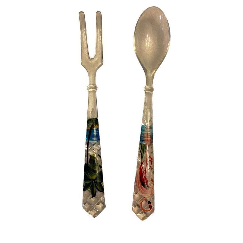 Hand painted Flamingo and Palm Tree Lucite‎ Salad Servers